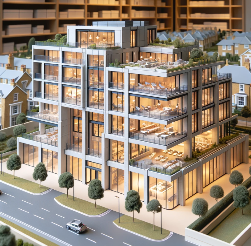 Detailed architectural model of a modern building crafted by Ari Model in Chelmsford.