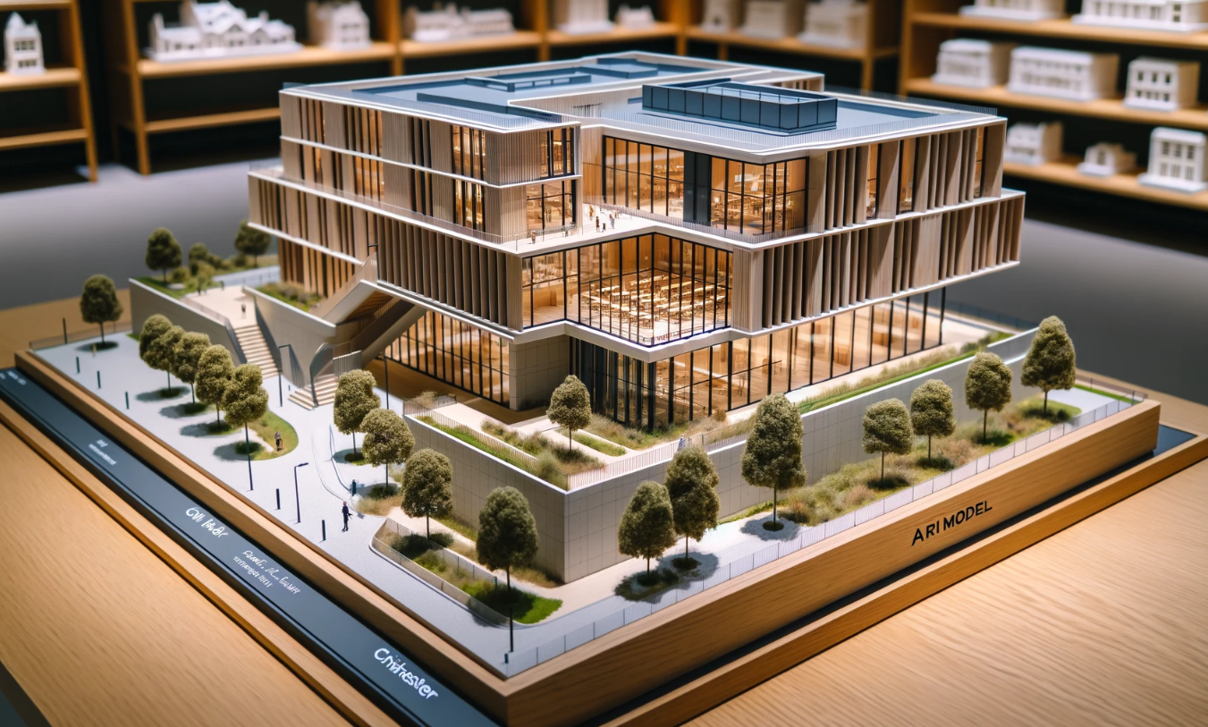 Detailed architectural model of a modern building crafted by Ari Model in Chichester.
