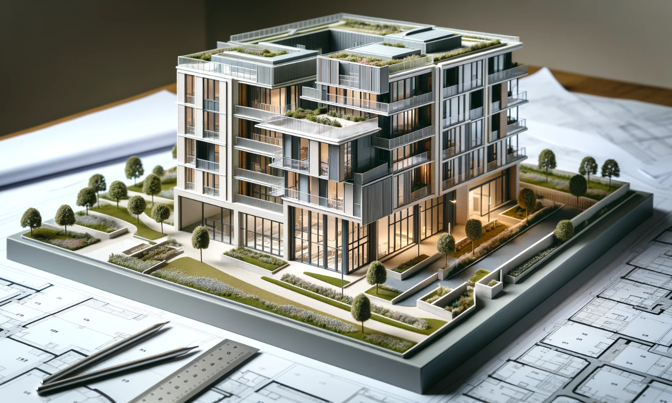 Detailed architectural model of a modern building crafted by Ari Model in Derby.