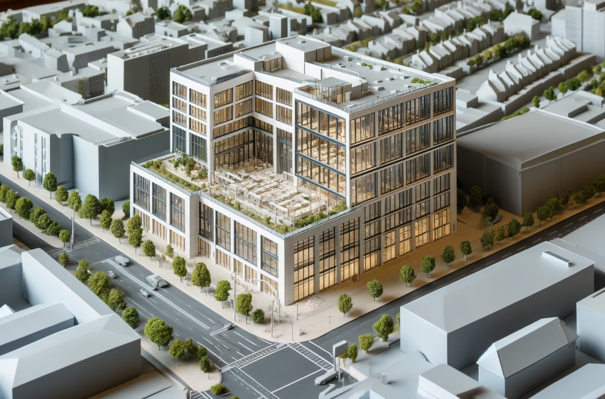 Detailed architectural model of a modern building crafted by Ari Model in Durham.