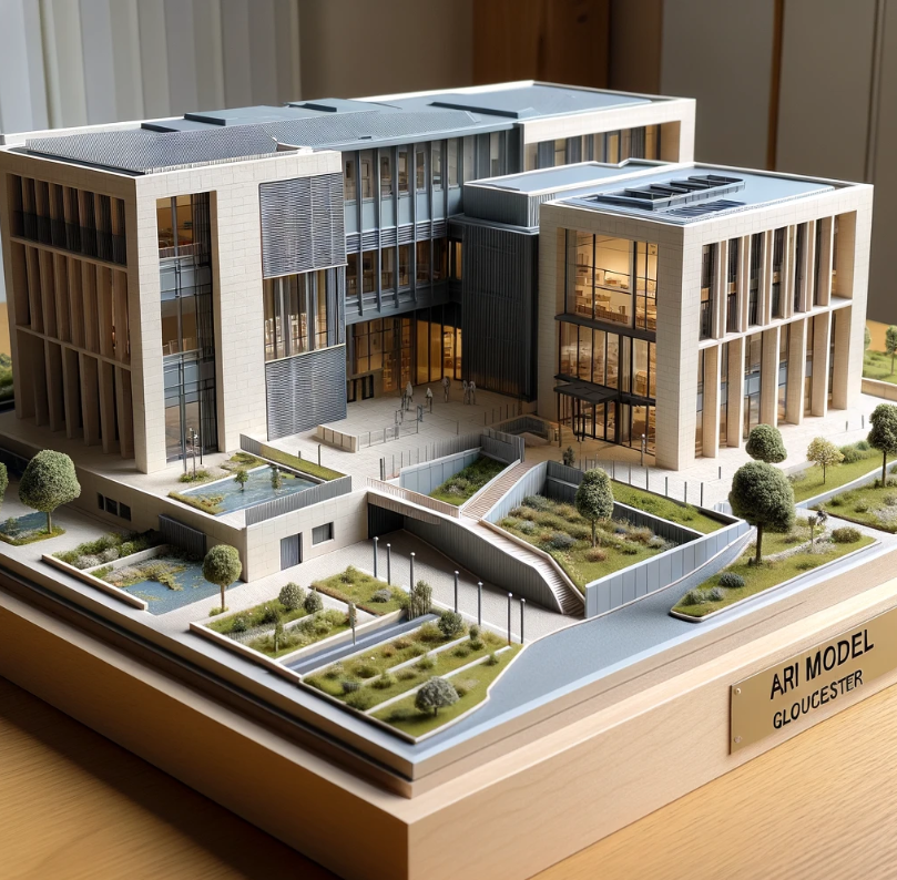 Detailed architectural model of a modern building crafted by Ari Model in Gloucester.