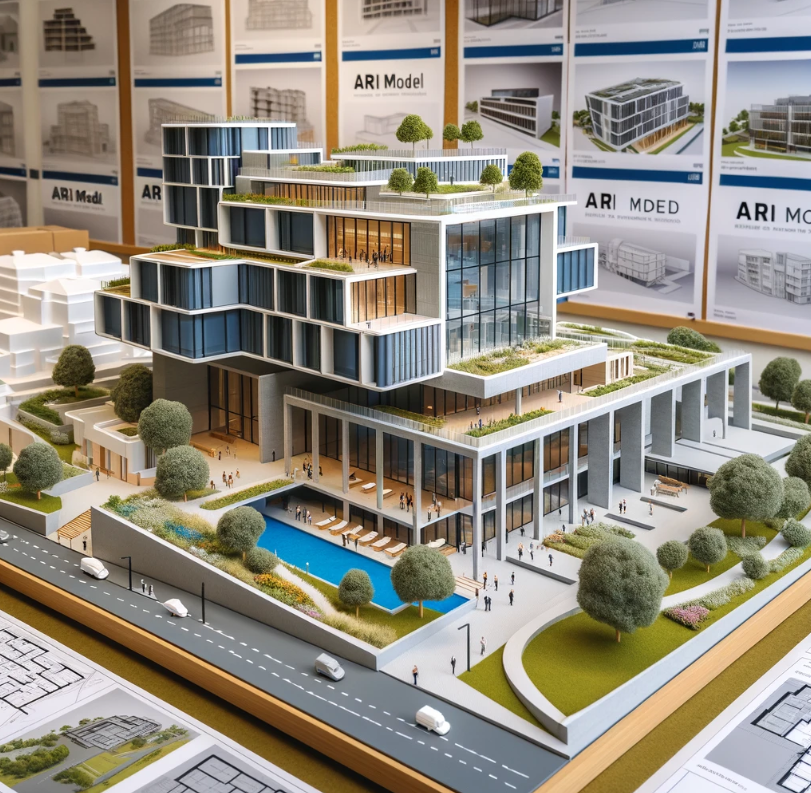 Detailed architectural model of a modern building crafted by Ari Model in Hereford.