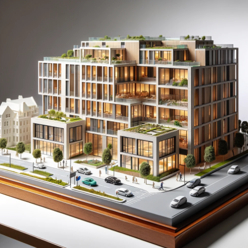 Detailed architectural model of a modern building crafted by Ari Model in Leeds.