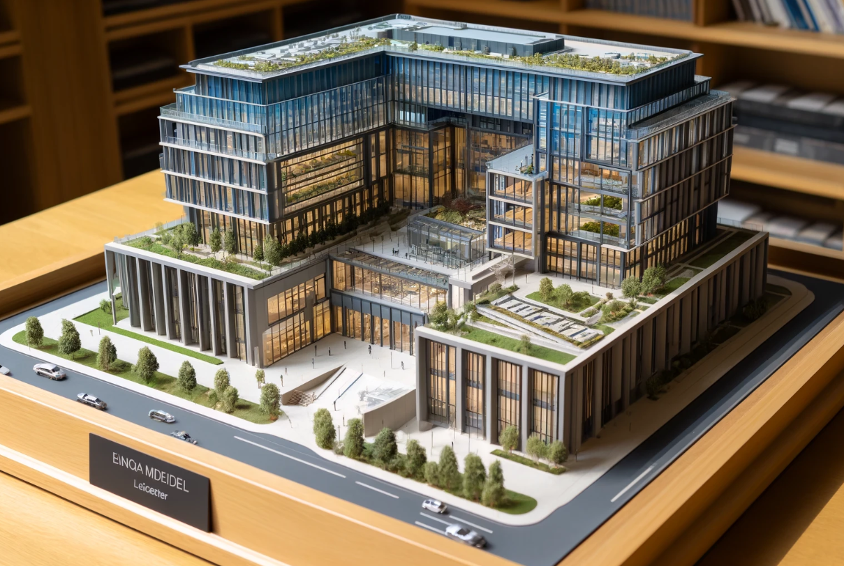 Detailed architectural model of a modern building crafted by Ari Model in Leicester.