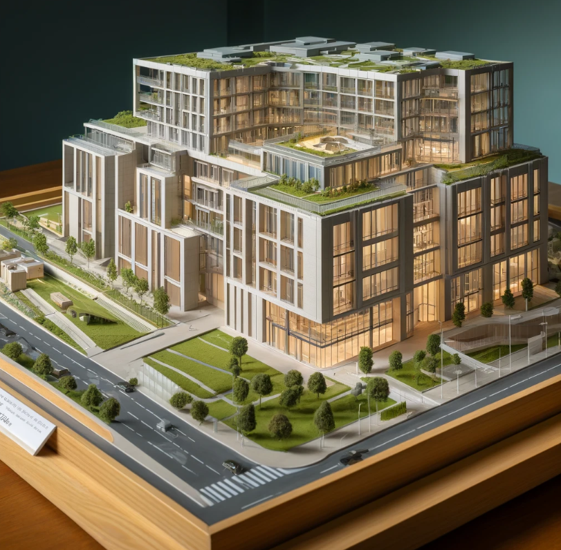 Detailed architectural model of a modern building crafted by Ari Model in Lichfield.
