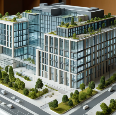 Detailed architectural model of a modern building crafted by Ari Model in Manchester.