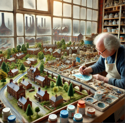 Model builder in Stoke-on-Trent working on a detailed scale model
