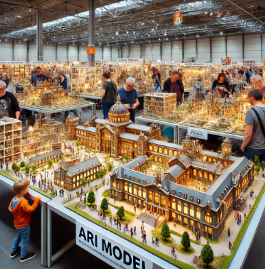 Ari Model's display at the Moers Model Building Fair showcasing intricate model designs.