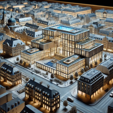 A detailed architectural model of a modern building in Würzburg, crafted by Ari Model.