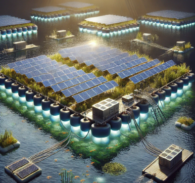 A detailed Floating Solar Power Plant Model created by Ari Model, illustrating the integration of solar panels on floating platforms, energy conversion systems, and their interaction with water ecosystems. Perfect for educational purposes, technical 