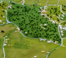 An intricately detailed, easy-to-view architectural model by ARI Model, illustrating an agrimachine system driven by renewable energy. This advanced educational model features solar-powered tractors, wind-assisted irrigation systems, biofuel-driven h