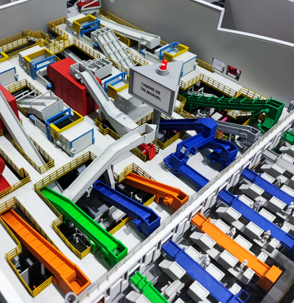 A highly detailed presentation model created by ARI Model, showcasing an architectural structure with realistic finishes, miniature landscaping, and intricate construction details. This custom-built model is used for corporate presentations, engineer