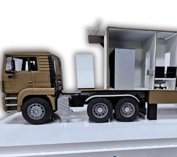 A highly detailed, lit, and animated scale model of a startup railroad innovation stand designed by ARI Model for the InnoTrans Startup Area in Berlin. The model embodies the personality of new railway technology and startup innovation in material fo