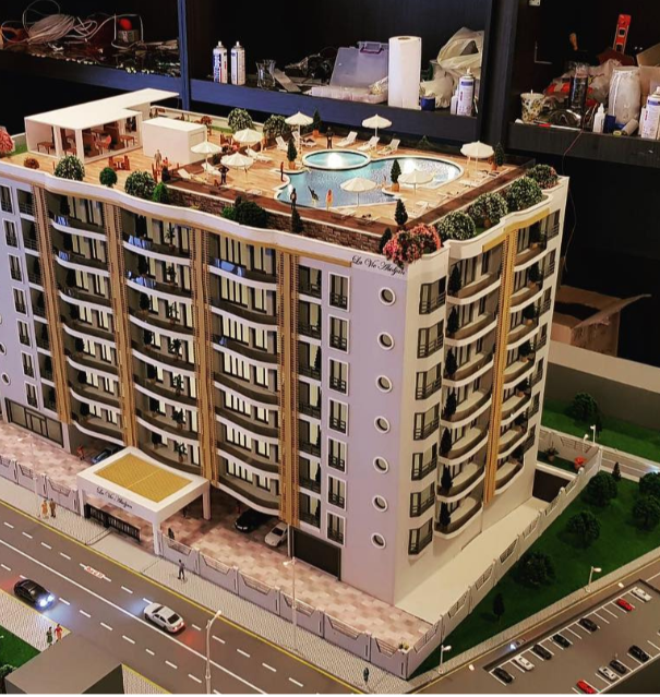A bespoke architectural scale model commissioned by ARI Model for use in the Swiss Real Estate Fair. The model has photorealistic textures, high-level architectural details, available lighting and animation, as well as realistic landscaping. Handcraf