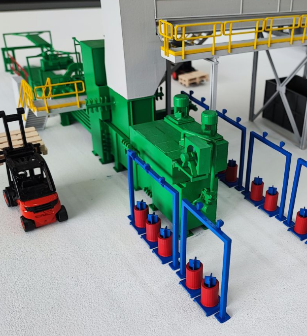 Detailed physical scale models by ARI Model for AgriFoodTech, featuring food production plants, agricultural landscapes, greenhouses, automation systems, smart farming solutions, and renewable energy facilities. Enhanced with lighting effects and ani