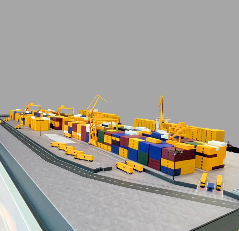 A sustainable logistics model by ARI Model, featuring lighting, motion, and architectural detailing for Green Logistics Expo presentations.