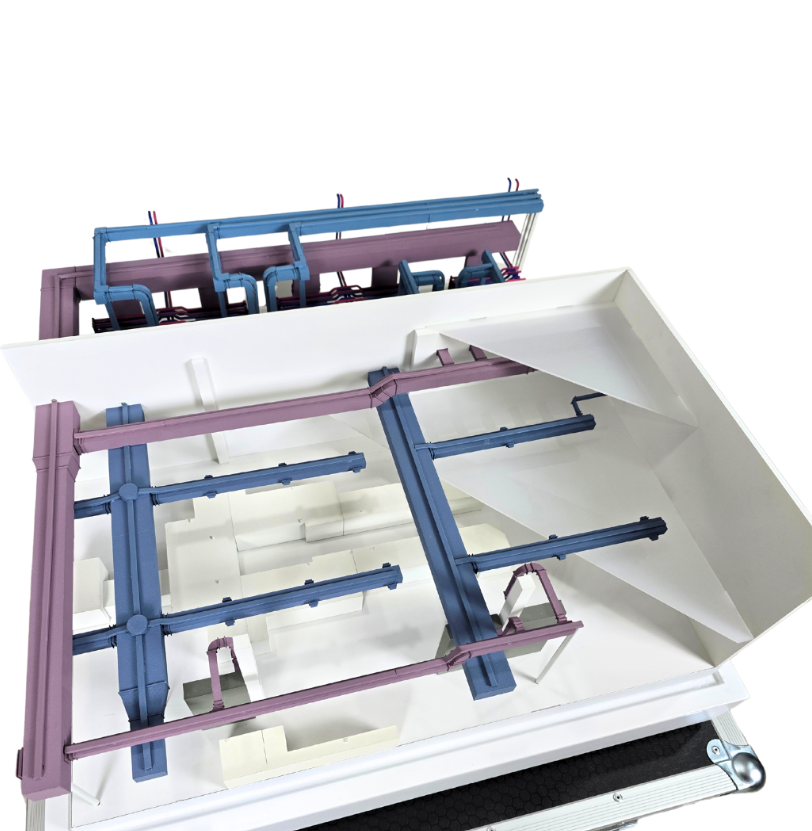 A physical scale model created by ARI Model, demonstrating lifting systems, construction logistics, heavy machinery coordination, safety operations, and smart industrial workflow management.