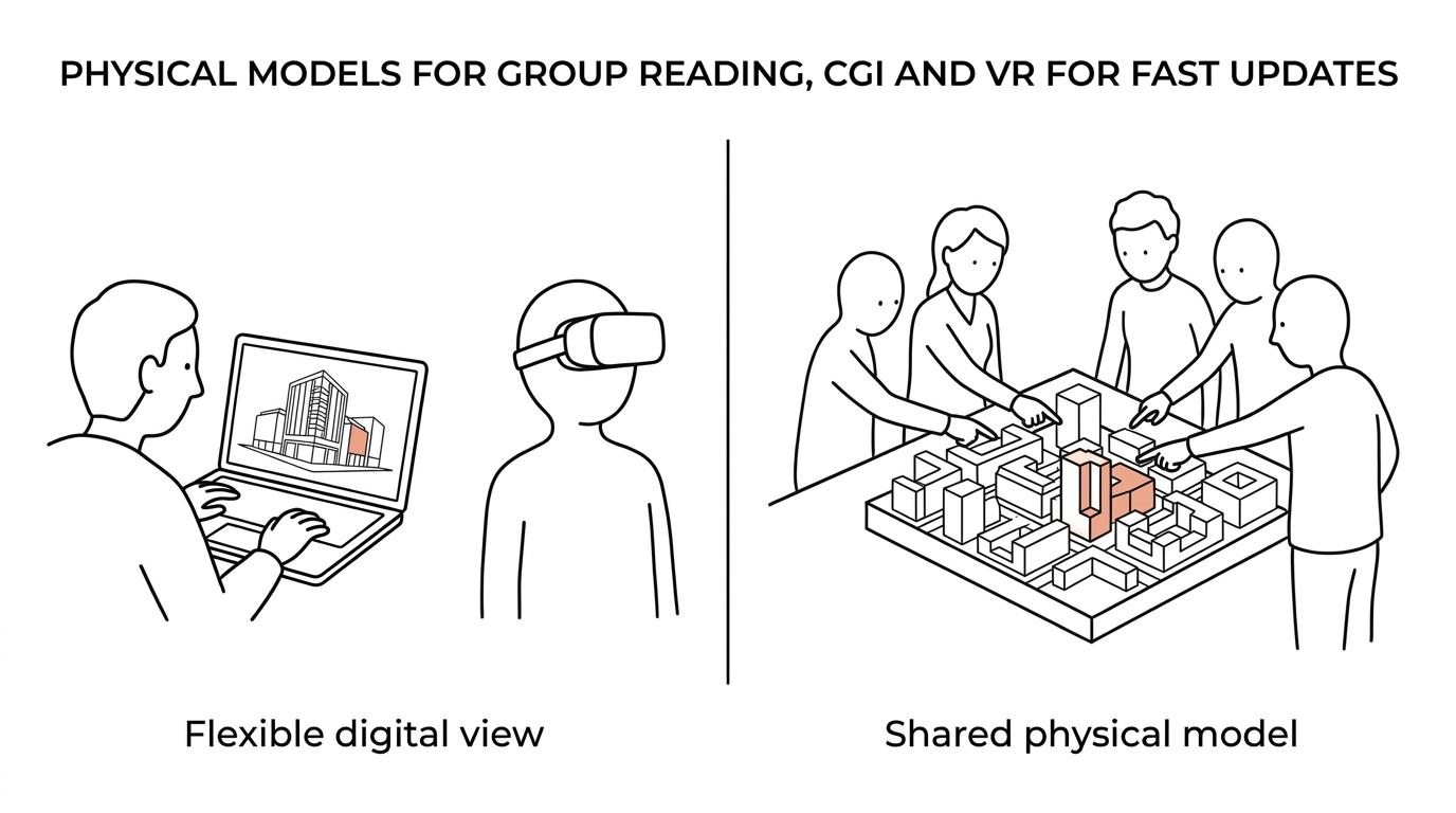 Side-by-side comparison of a physical architectural model review and a CGI or VR design presentation.