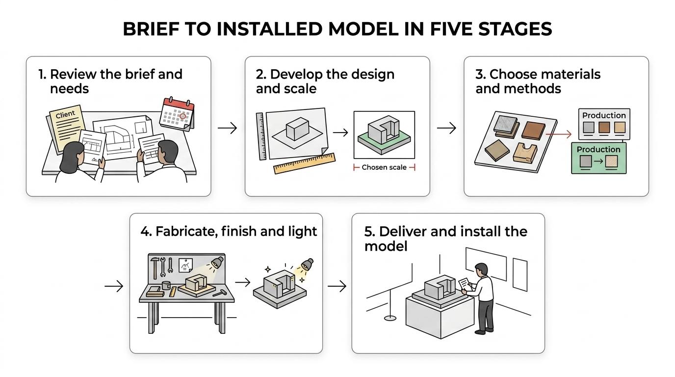 Five-step diagram showing ARI Model’s workflow from brief review and scale definition to fabrication, delivery, installation, and after-sales support.
