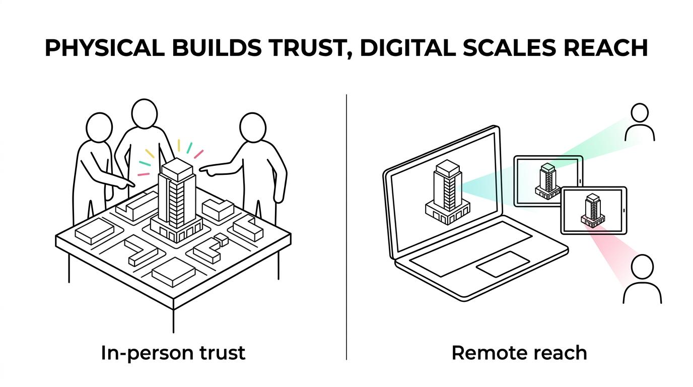Side-by-side view of a physical architectural scale model in a sales suite and a digital twin being explored on a laptop or tablet.