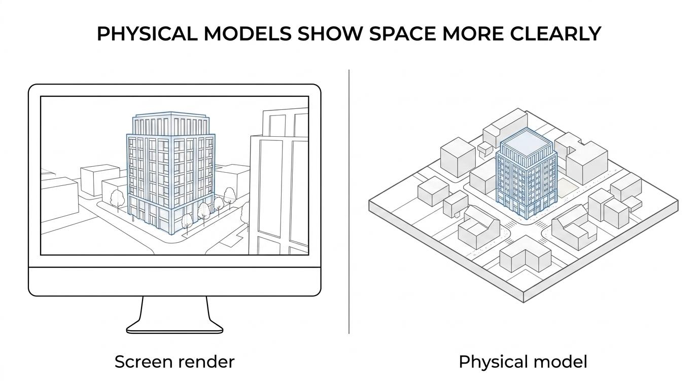 Side-by-side comparison of a physical architectural model and a polished render, showing differences in scale reading, viewing freedom, trust and group discussion.