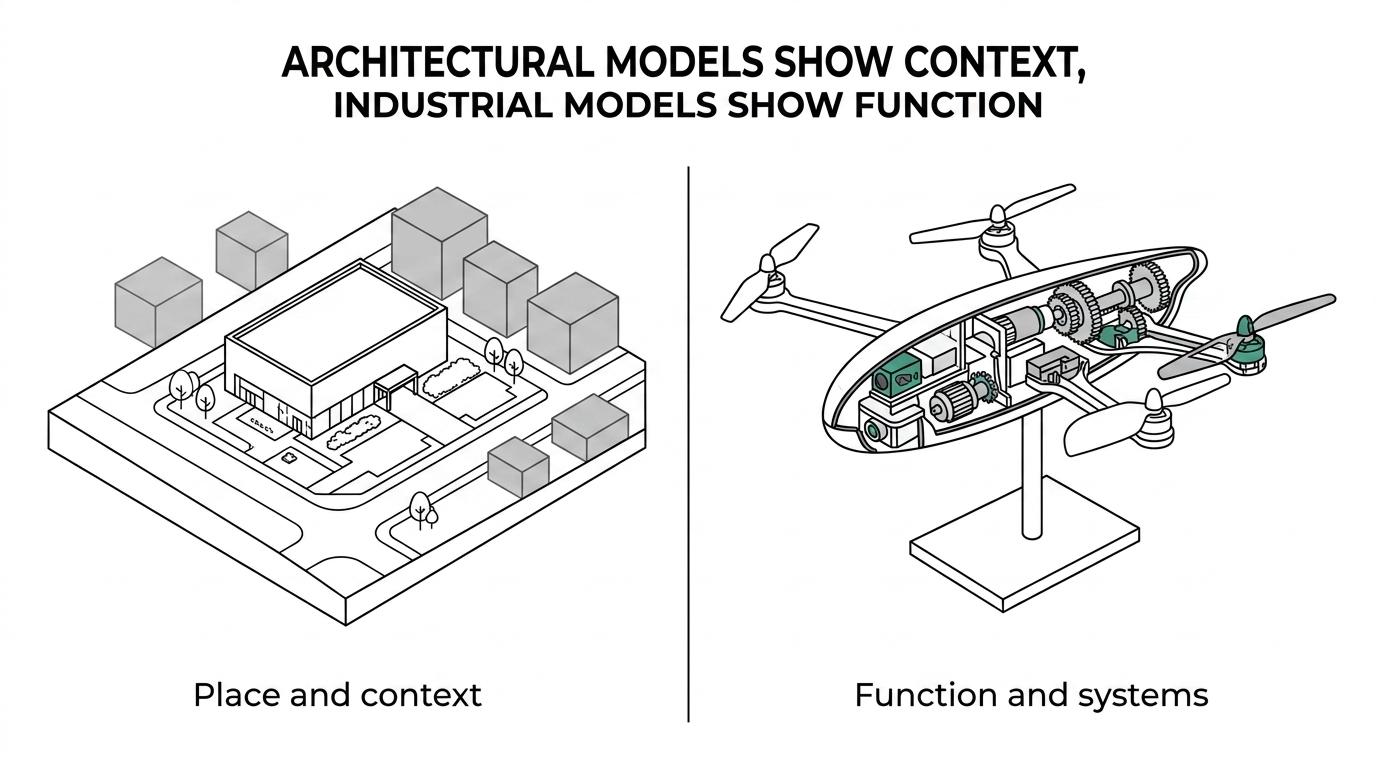 Side-by-side exhibition models: an architectural building model showing site context and circulation, and an industrial prototype model revealing internal components and functional systems.