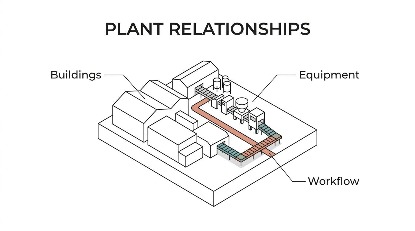 Labeled scale factory model showing production buildings, conveyors, tanks, roads, loading zones, and workflow areas.