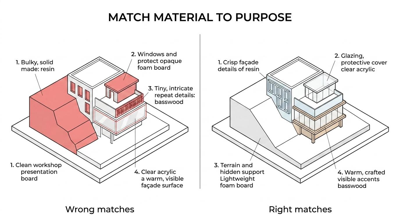 Comparison of SLA resin, acrylic sheet, foam board, and basswood with their main strengths, best applications, and watch-outs in model fabrication.