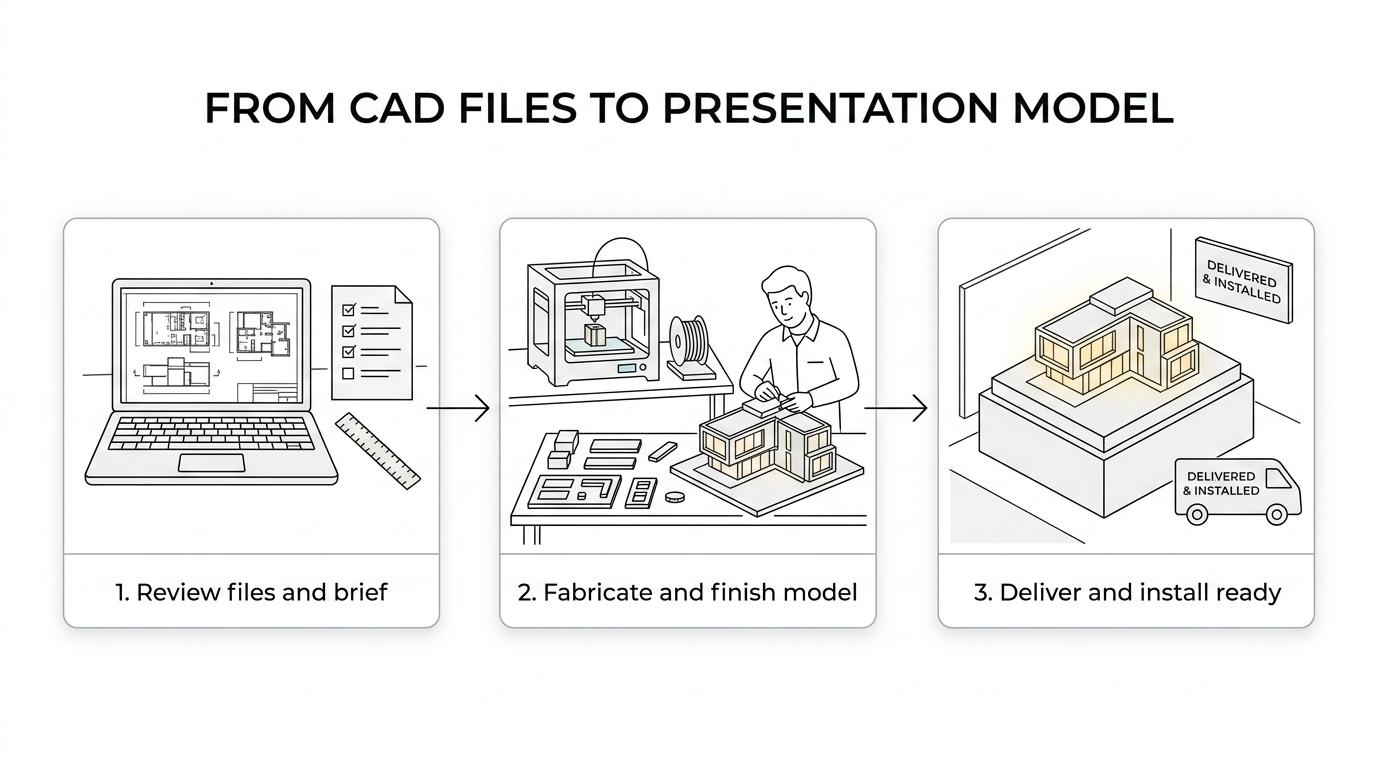 Process diagram showing CAD files moving through review, fabrication method selection, printing and machining, assembly, finishing, lighting, and final delivery of an architectural model.