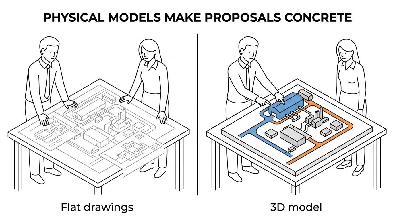 Side-by-side sales presentation of an industrial project using flat drawings on one side and a physical scale model with engaged clients on the other.