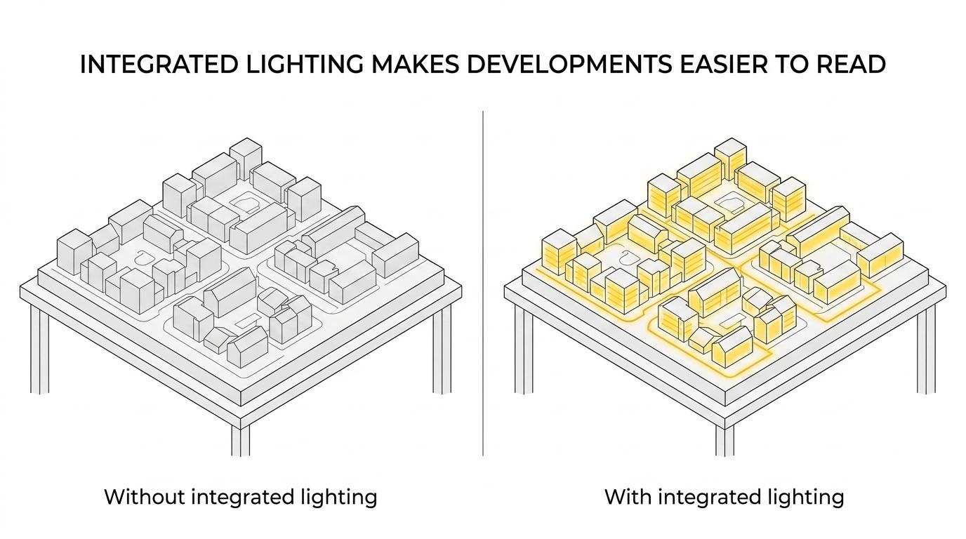 Side-by-side architectural model of the same development shown unlit and illuminated, with the lit version making building forms and focal areas easier to see.