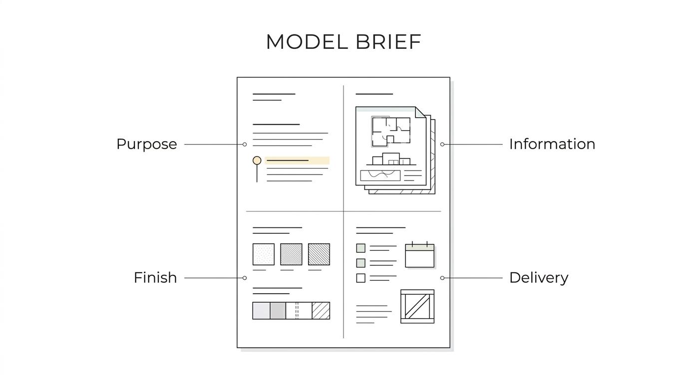 Labeled diagram of an architectural model brief showing purpose, drawings, scale, detail, materials, lighting, budget, approvals, and logistics.