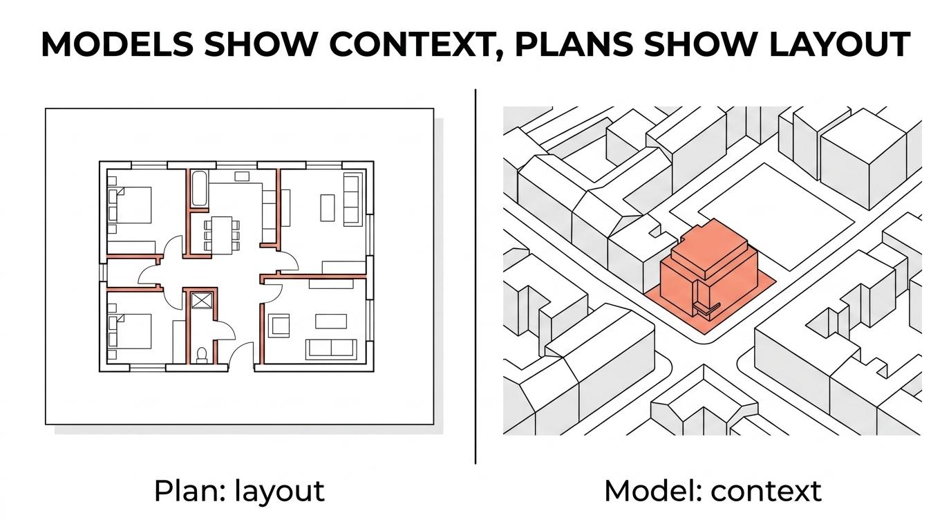 Side-by-side comparison of a contextual building model and an apartment floor plan, showing context versus layout clarity.