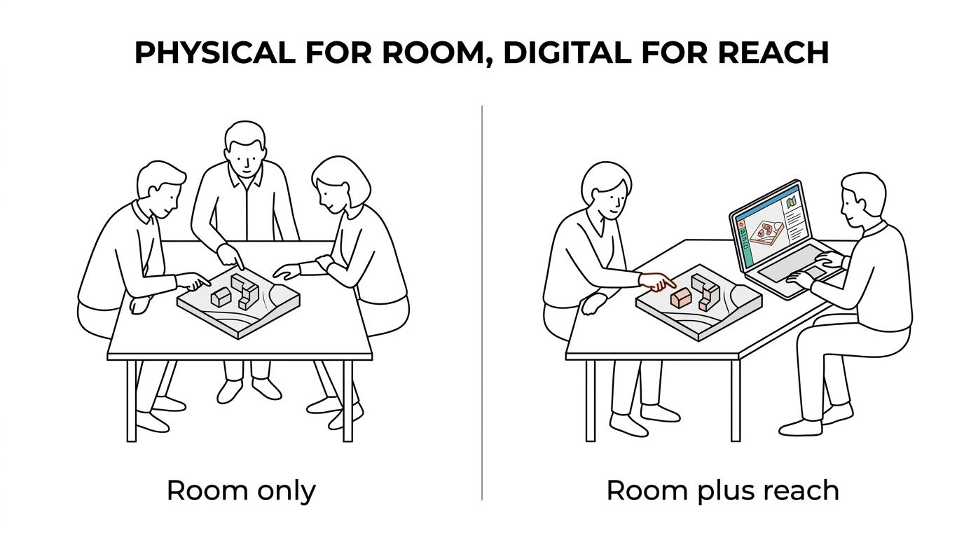 Side-by-side comparison of a physical site model and an interactive 3D planning visual with their main consultation strengths.