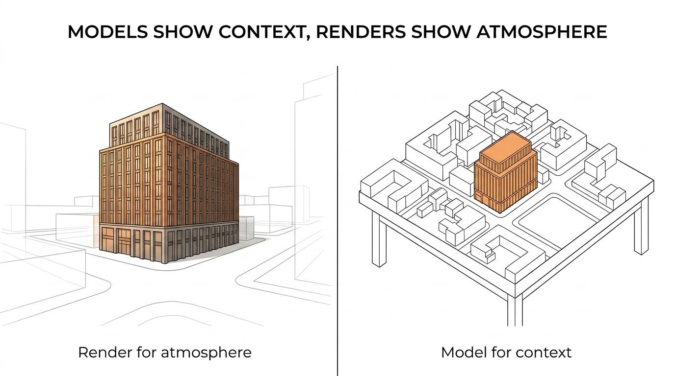 Side-by-side view of a physical architectural scale model on a table and a polished digital building render on a screen.