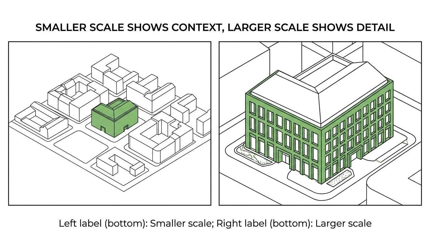 Side-by-side architectural scale model comparison showing how 1:1000, 1:500, 1:200, and 1:100 reveal different amounts of site context and building detail.