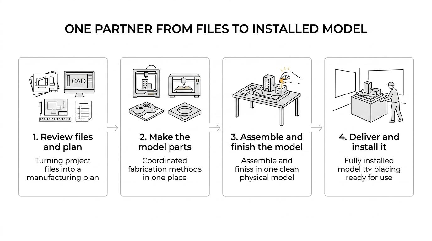 Five-step workflow showing a scale model project moving from brief and file review to fabrication, lighting integration, delivery, and installation.