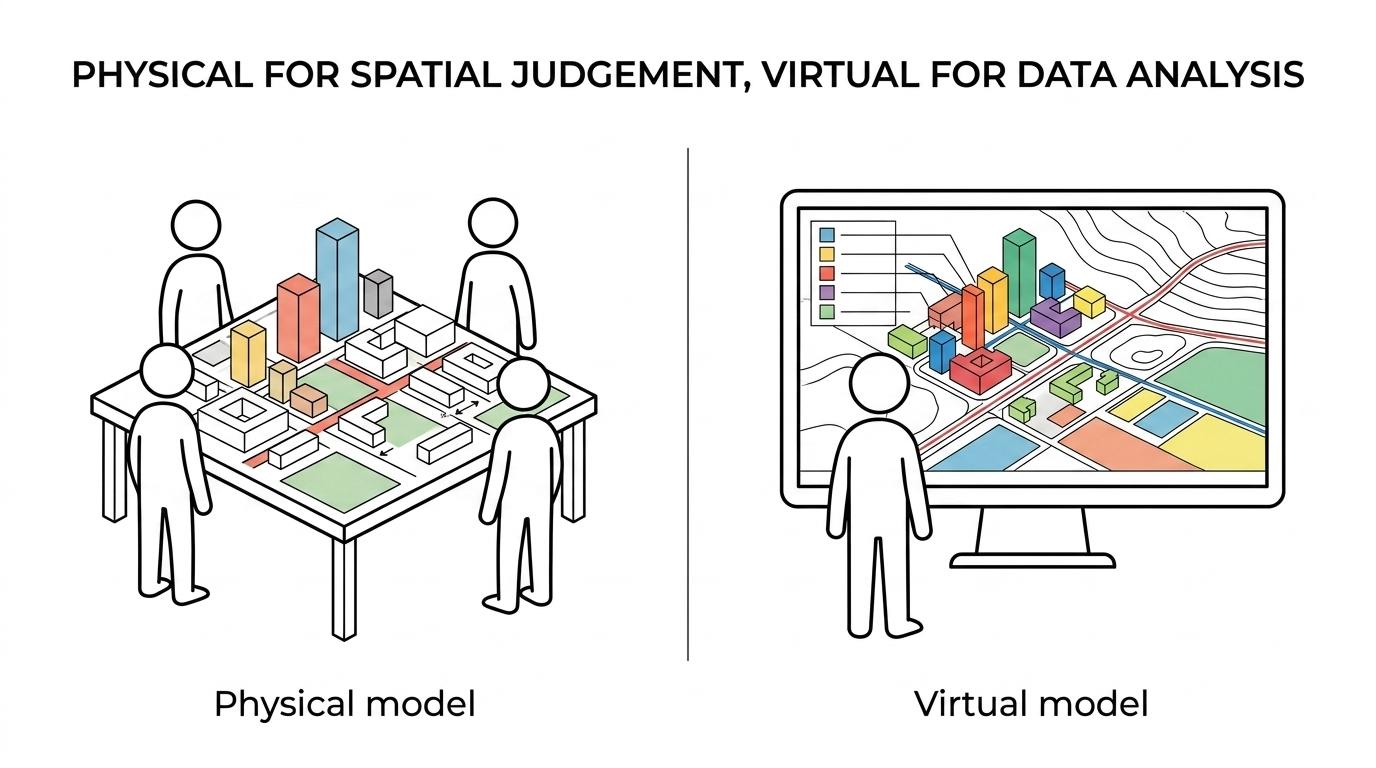 Side-by-side comparison of a physical tabletop urban planning model and a virtual 3D city model with data layers.