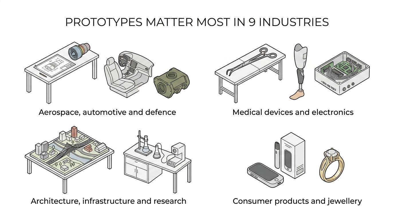 A grouped visual of nine industries that use prototype models, with short labels for what each sector tests or validates.