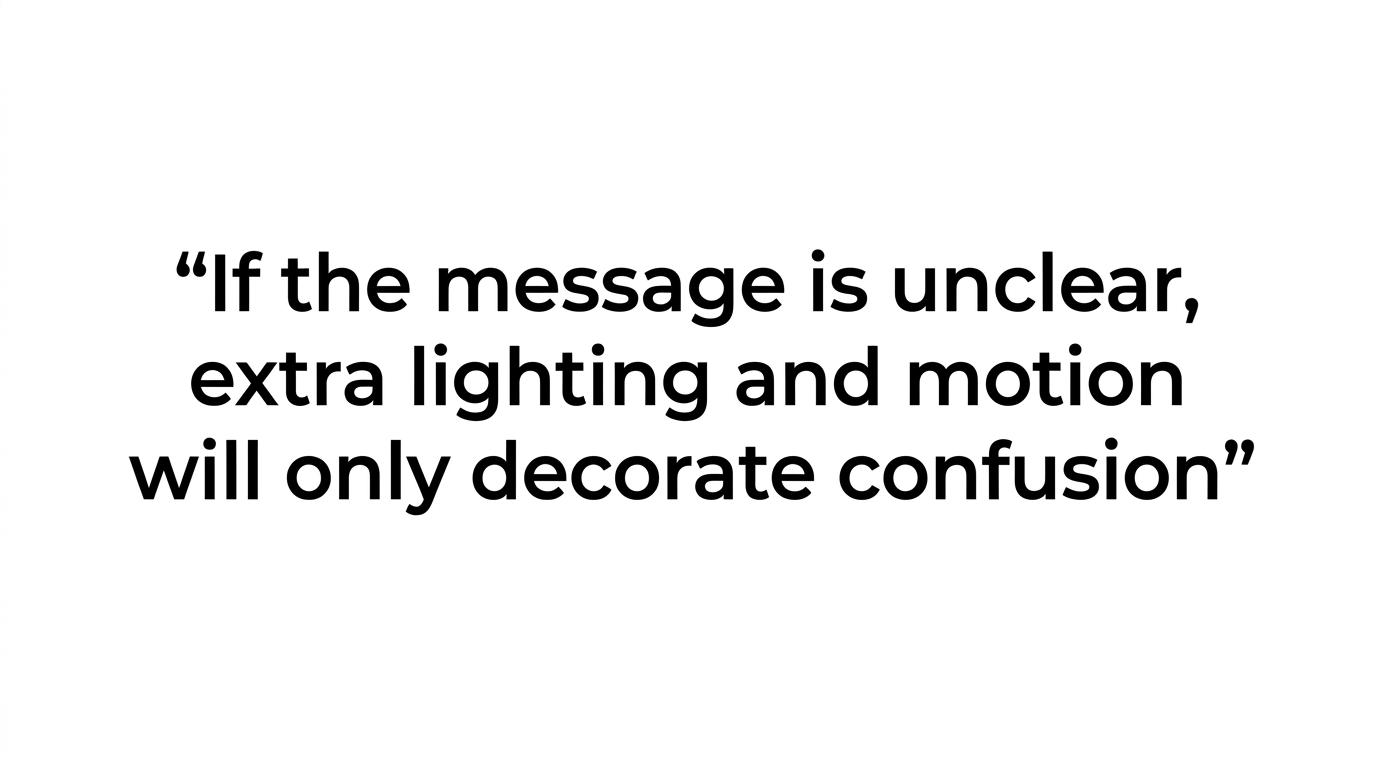Highlighted quote card featuring the line about lighting and motion only decorating confusion when the message is unclear.