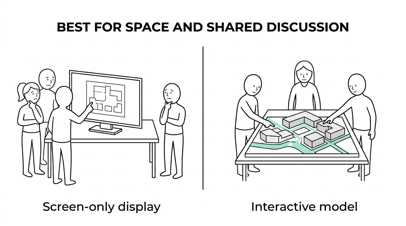 Side-by-side comparison of a static scale model, an interactive physical model with lighting and controls, and a digital screen display explaining the same project.