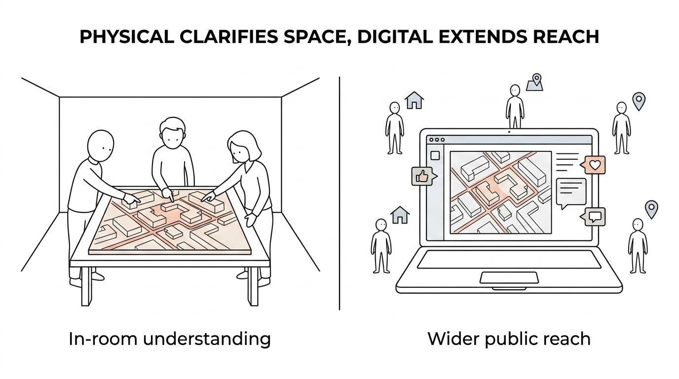Side-by-side comparison of people discussing a physical architectural model in a room and a digital planning consultation platform collecting wider public feedback.