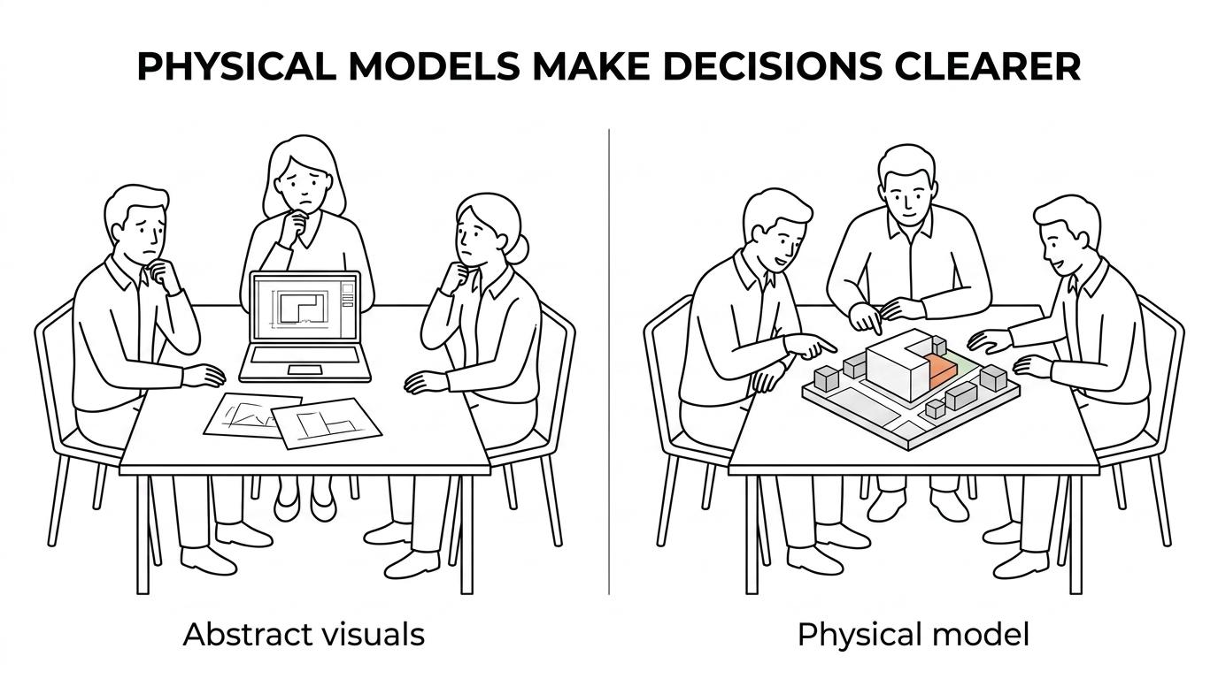 Side-by-side view of an early design discussion using screen sketches versus a meeting centered around a physical architectural concept model.