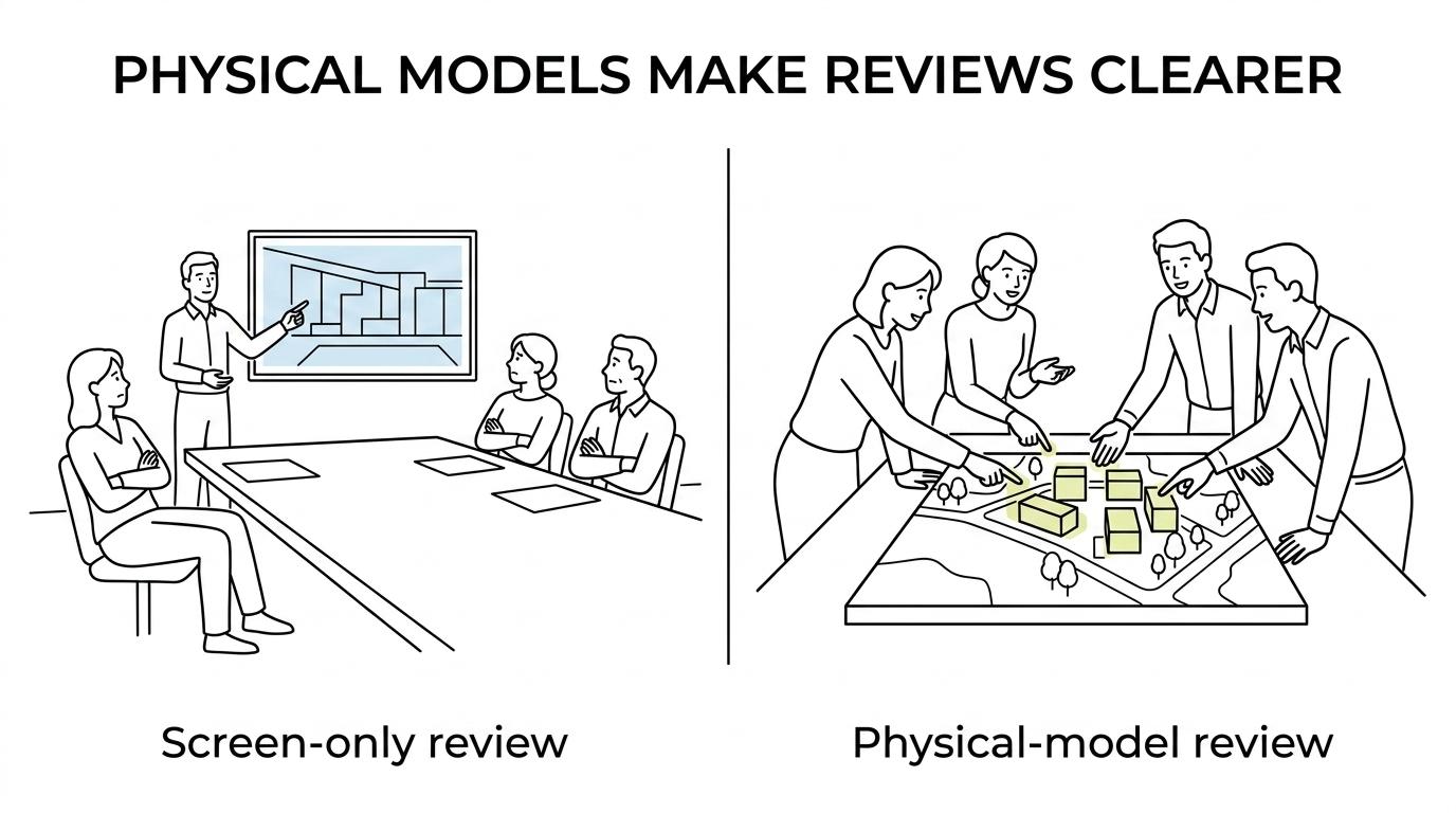 Side-by-side comparison of a client team gathered around a physical architectural model and the same team viewing drawings and renderings on a screen.