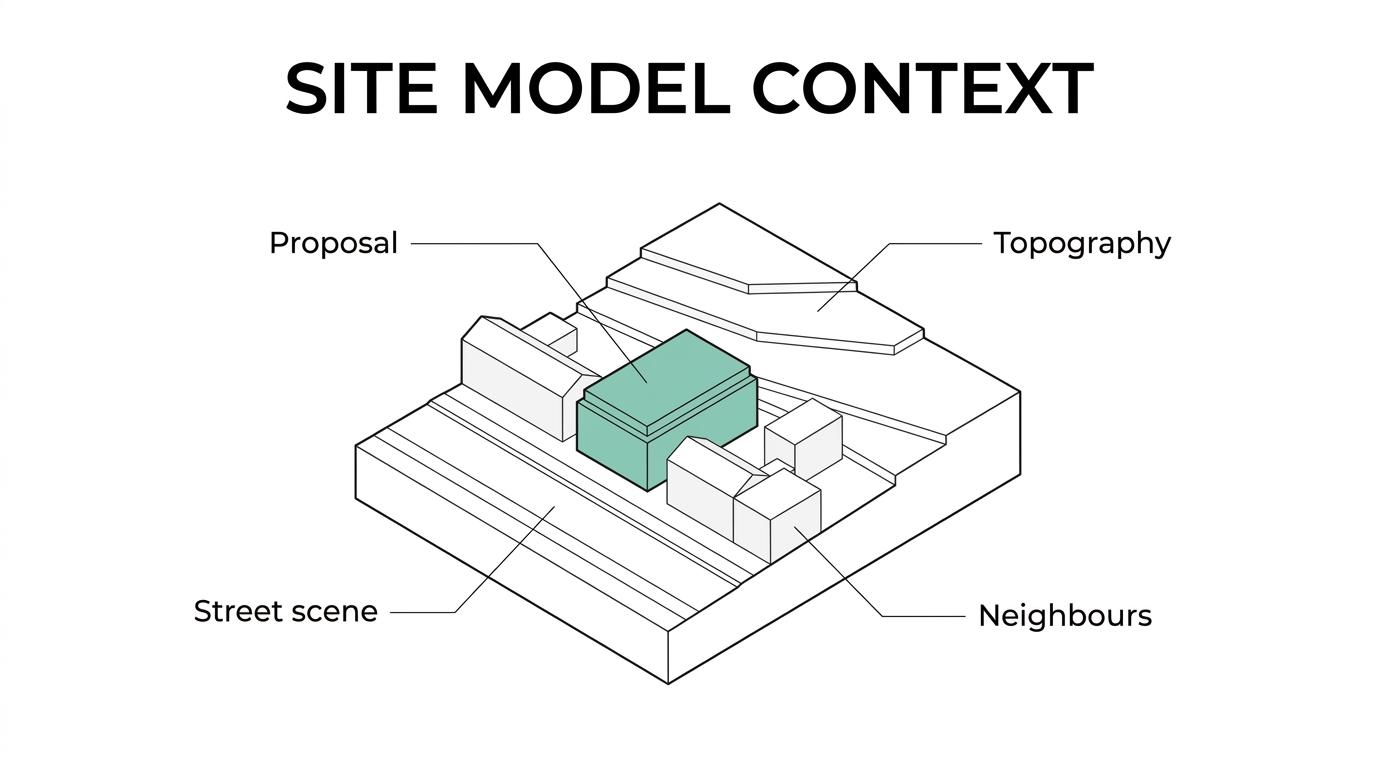 Labeled architectural site model showing a proposed building within surrounding streets, neighbouring buildings, access routes, and height transitions.