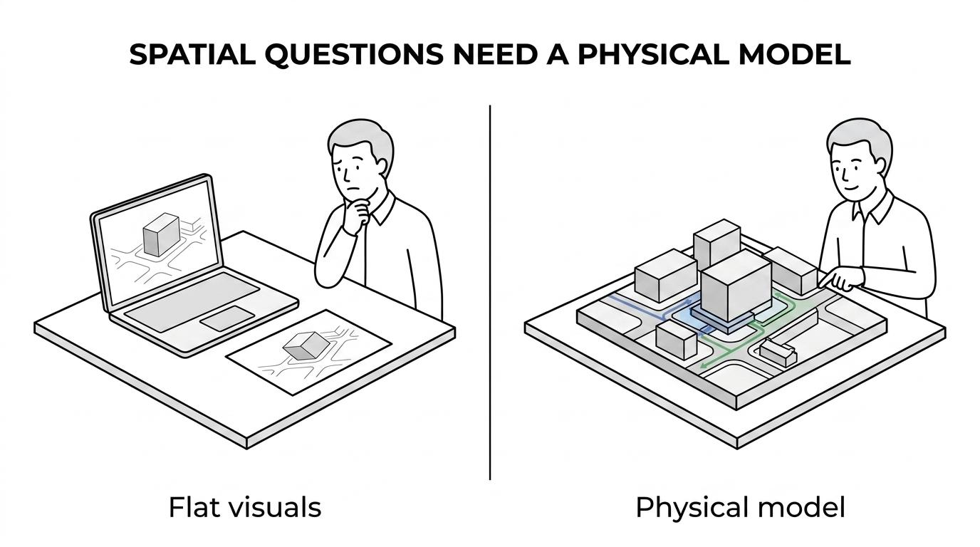 Side-by-side comparison of renders, slide decks, and a physical presentation model, showing each format’s strongest use in investor presentations.