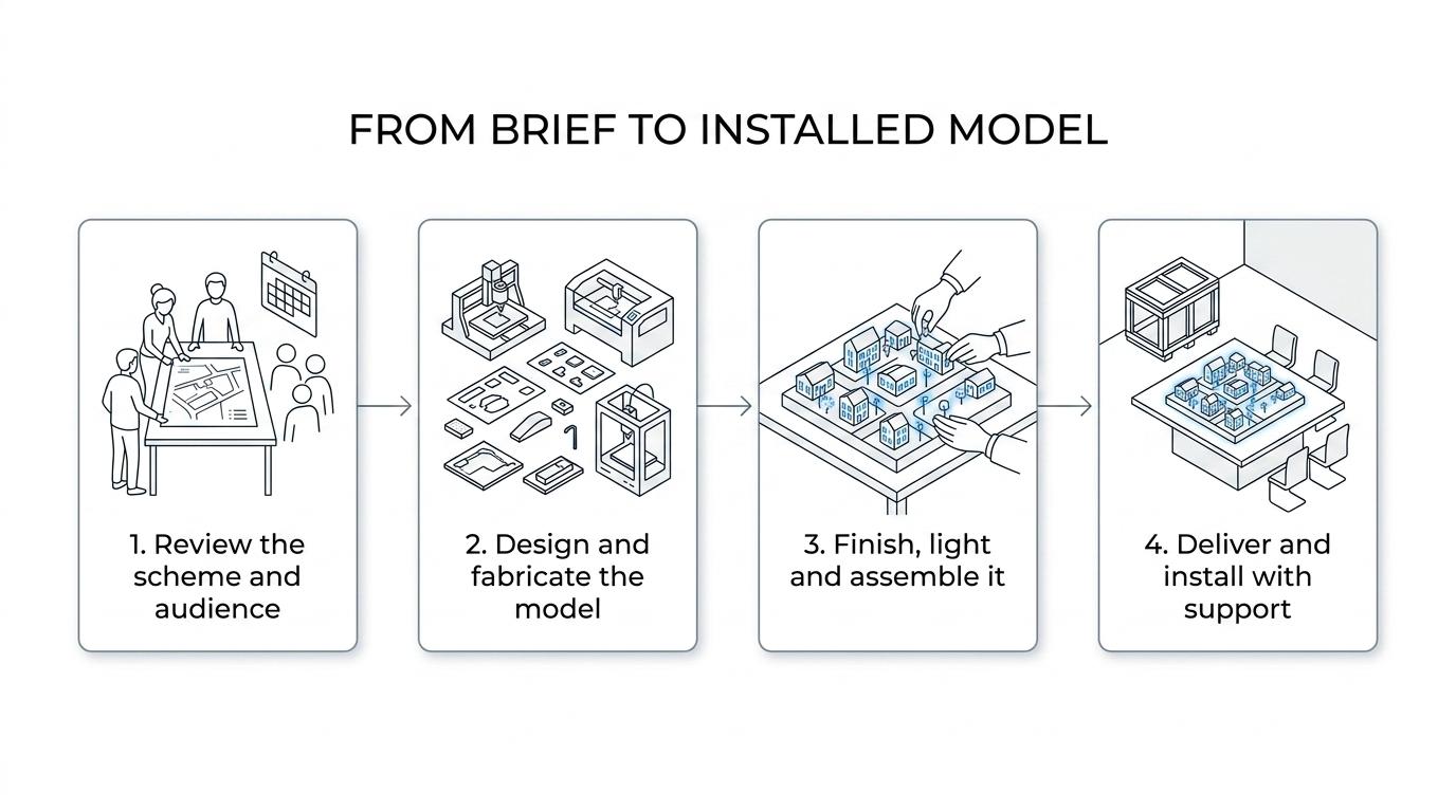 Four-step process showing project definition, model fabrication, finishing and lighting, then delivery and installation of a physical infrastructure model.