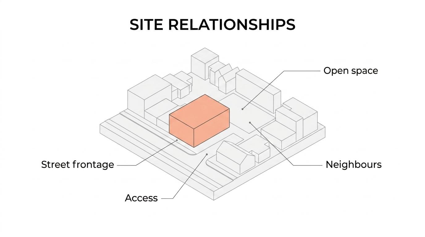 Labeled site model showing a proposed building within surrounding streets, neighboring blocks, access routes, open space, and future phases.