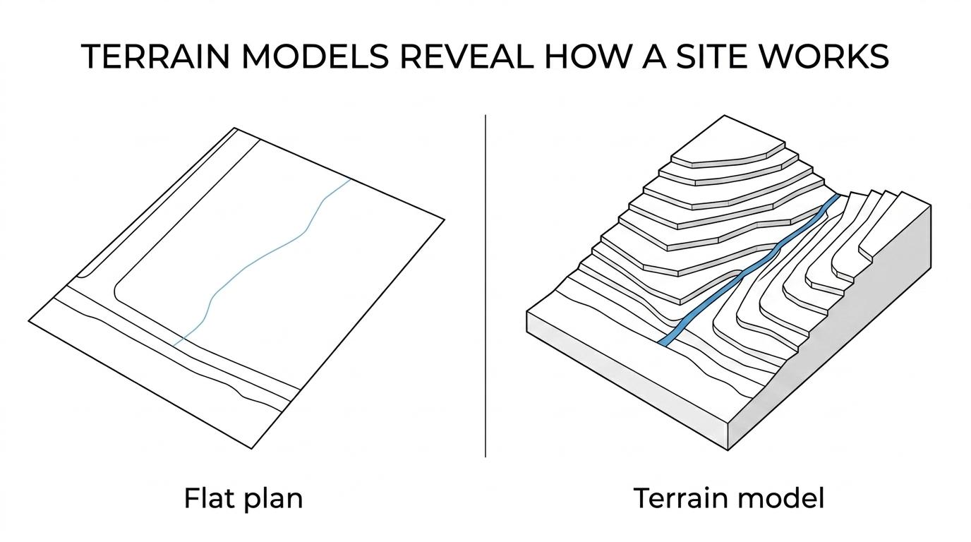 Side-by-side view of a flat site plan and a topographical model showing contours, waterways, buildings, and terrain changes.