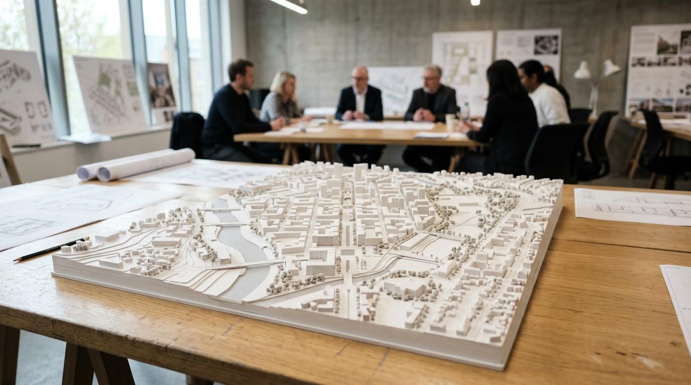 Neutral white architectural competition model showing a proposed building and its surrounding site on a review table.